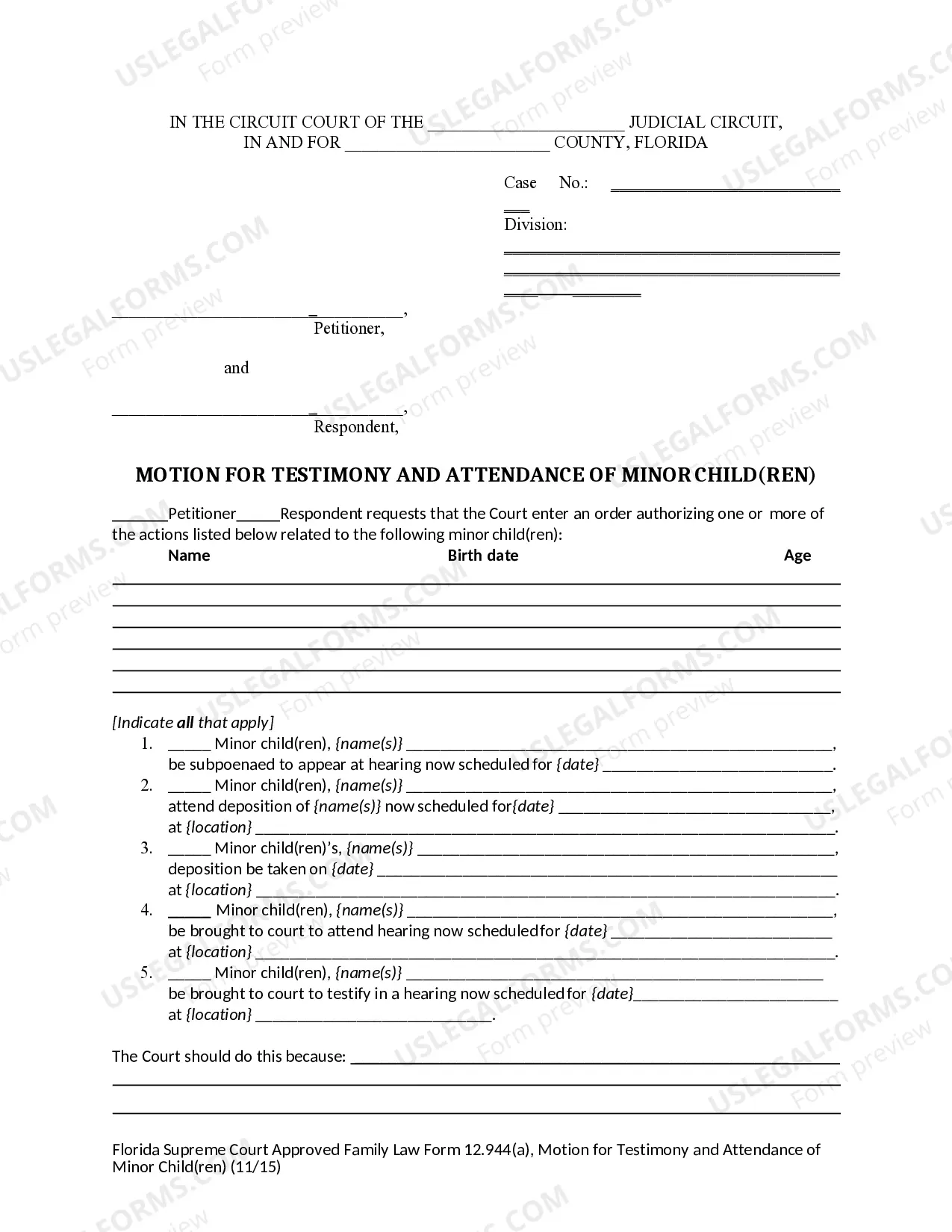 Preview Motion for Testimony and Attendance of Minor Children