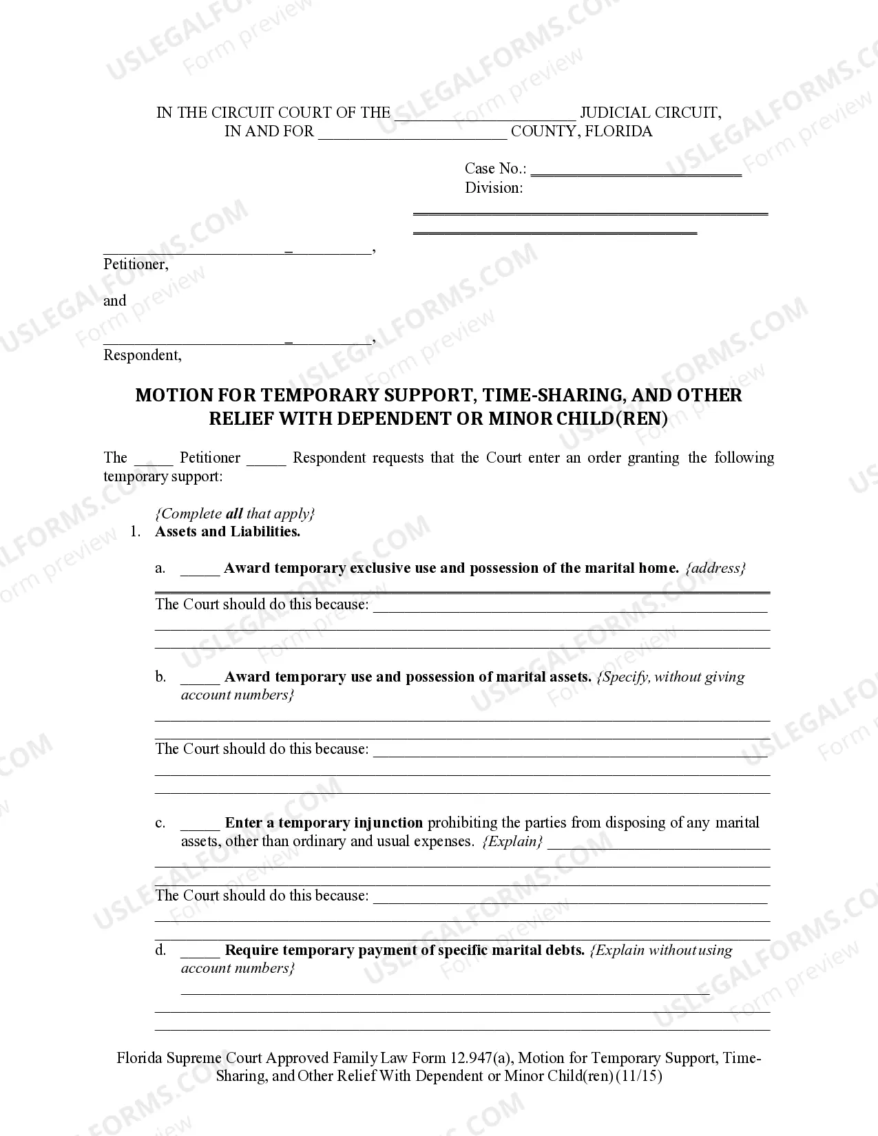 Preview Motion for Temporary Support with Dependent or Minor Children