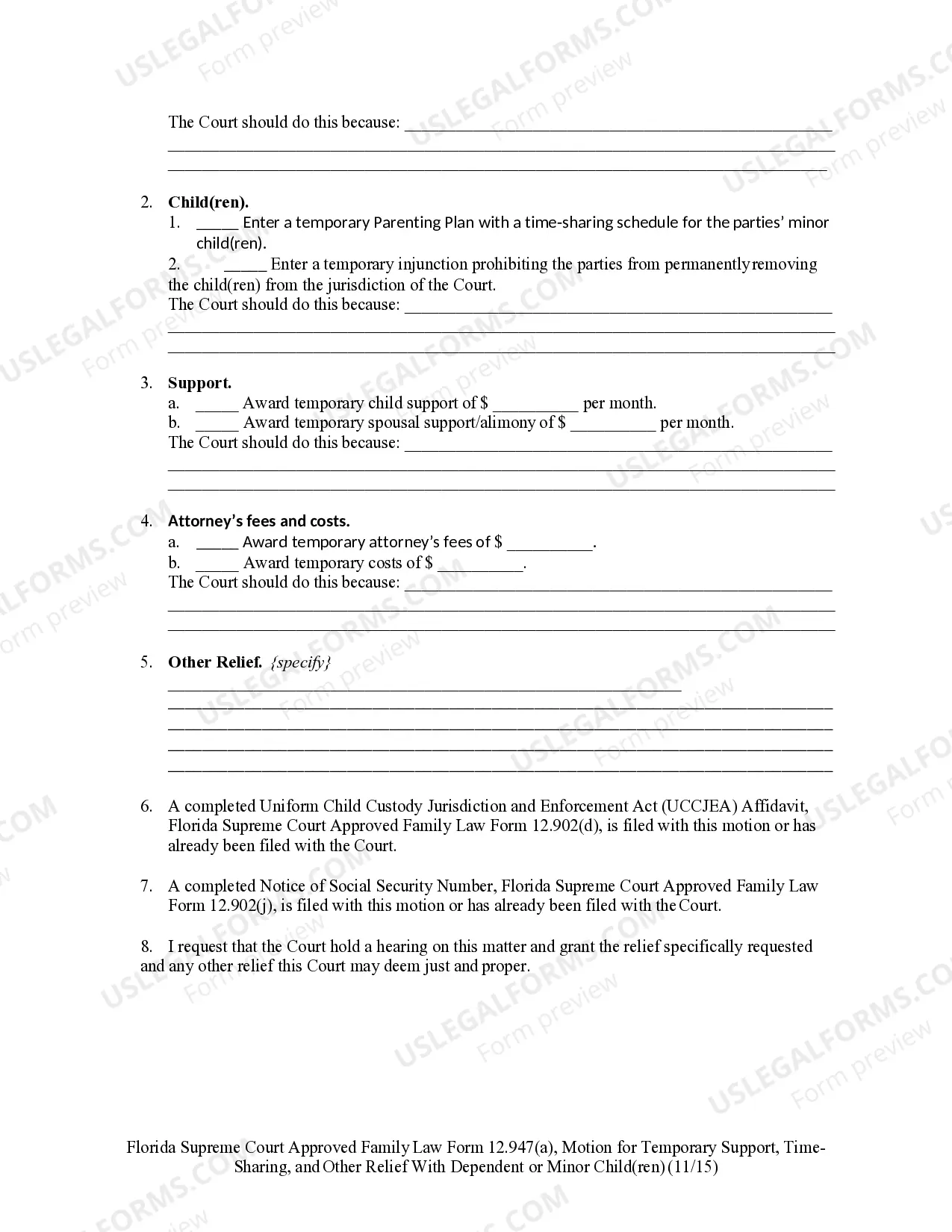 Preview Motion for Temporary Support with Dependent or Minor Children
