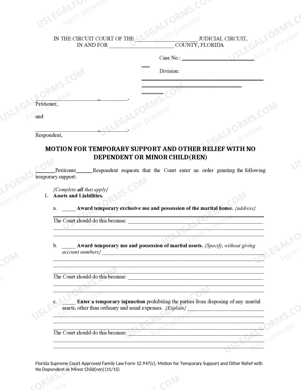 Preview Motion for Temporary Support with No Dependent or Minor Children