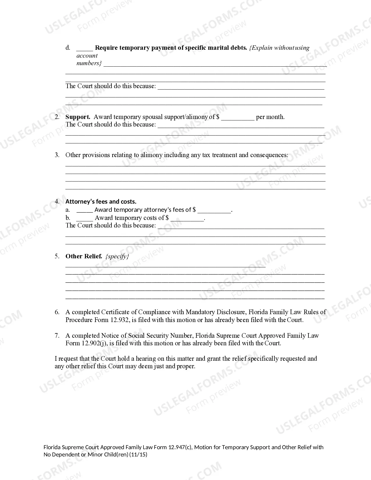Preview Motion for Temporary Support with No Dependent or Minor Children