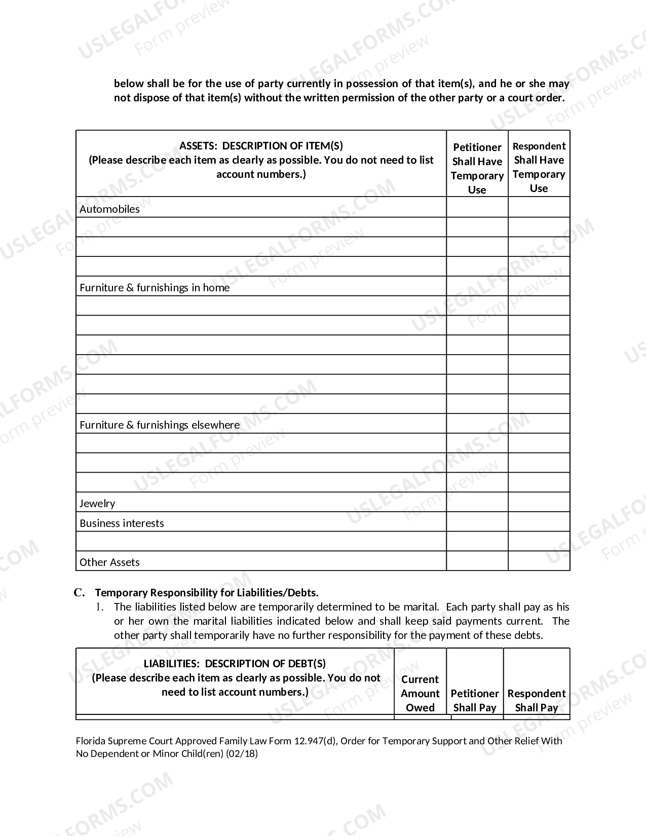 Florida Temporary Support Order With No Dependent or Minor Children