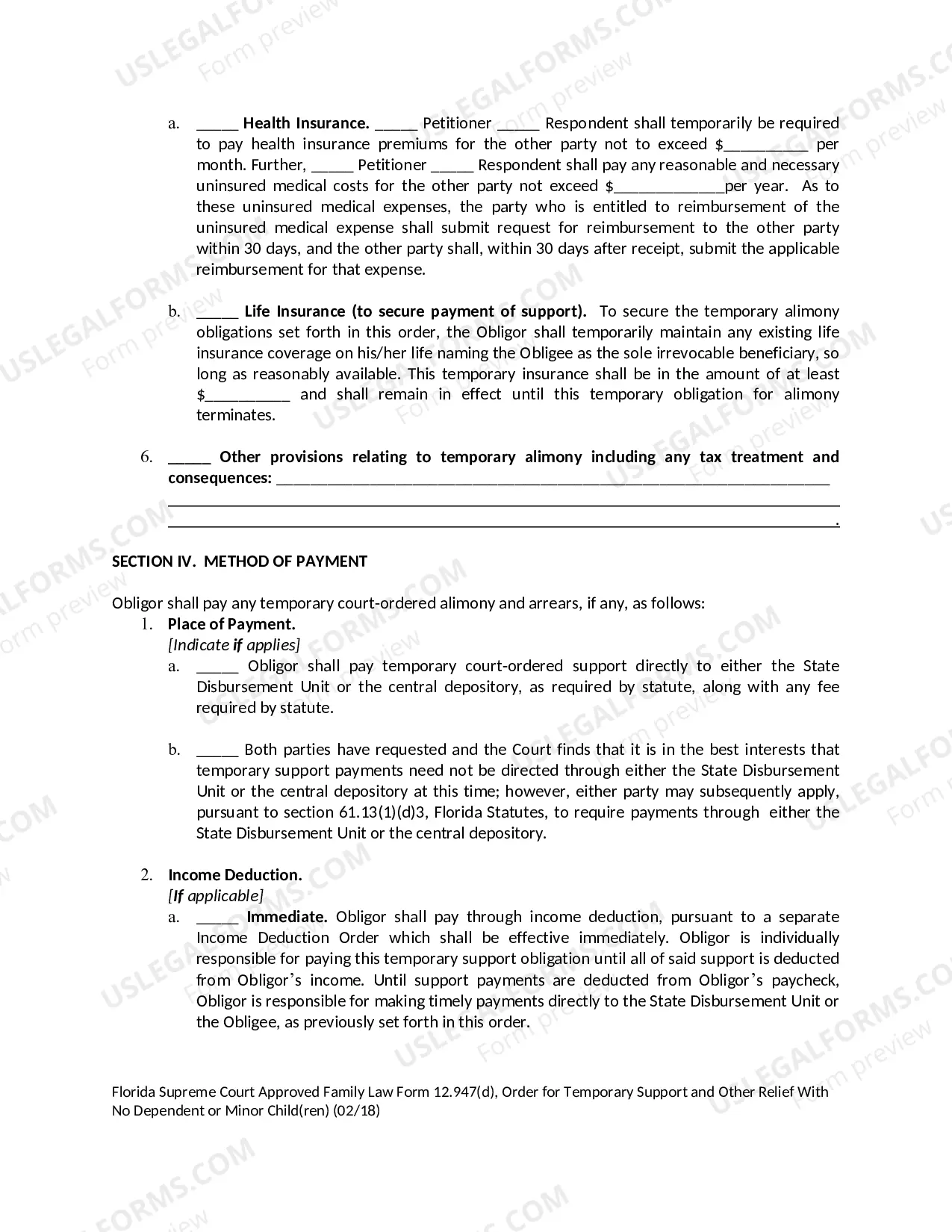 Preview Temporary Support Order With No Dependent or Minor Children