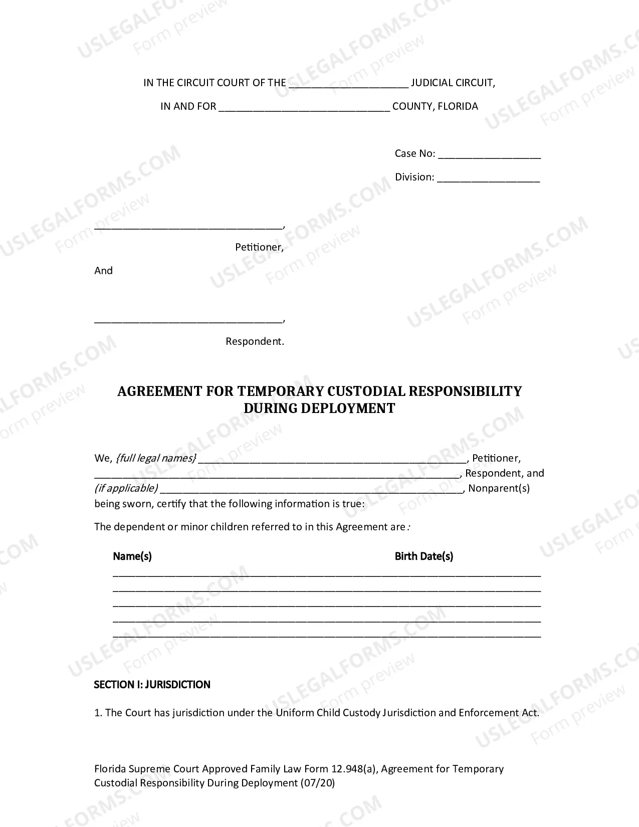 Preview Agreement Granting Temporary Custodial Responsibility During Deployment