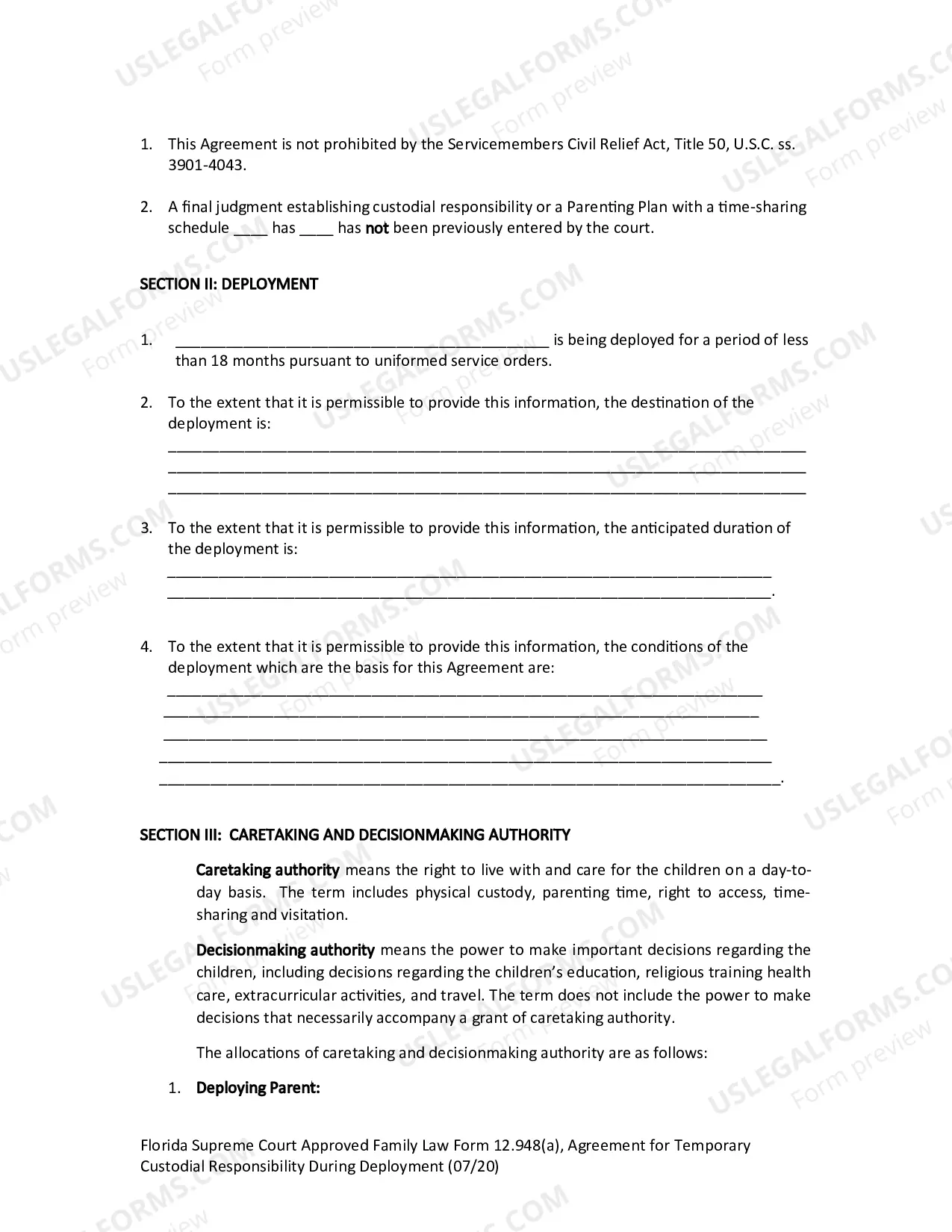 Preview Agreement Granting Temporary Custodial Responsibility During Deployment