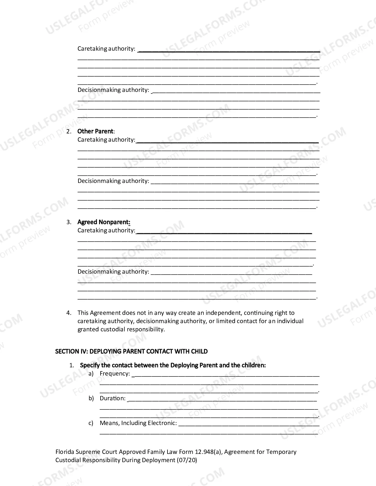 Preview Agreement Granting Temporary Custodial Responsibility During Deployment