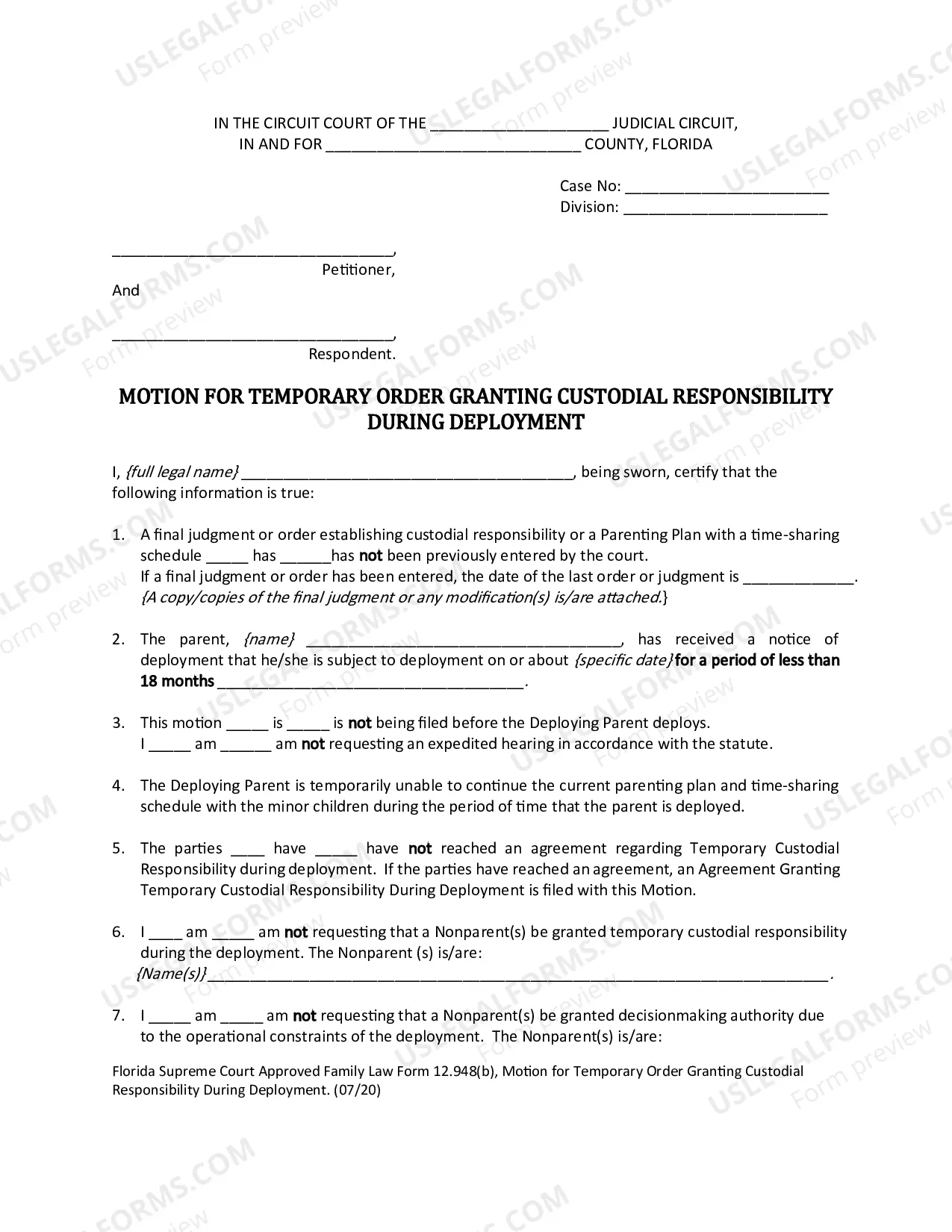Preview Motion for Temporary Order Granting Custodial Responsibility During Deployment