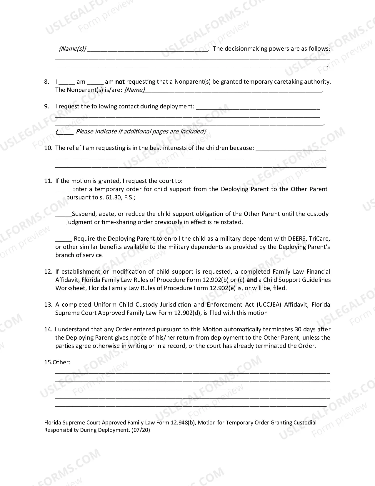 Preview Motion for Temporary Order Granting Custodial Responsibility During Deployment