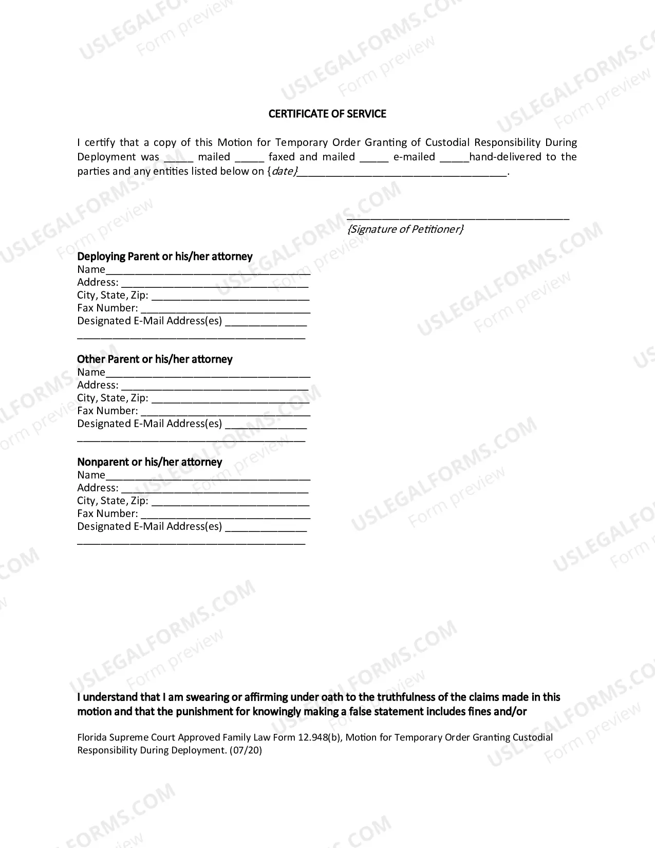 Preview Motion for Temporary Order Granting Custodial Responsibility During Deployment