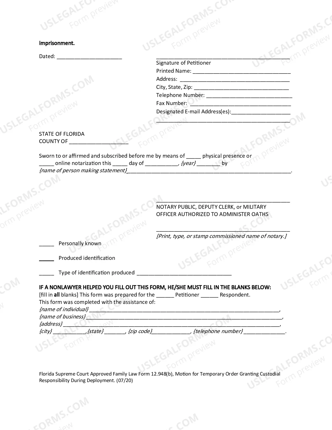 Preview Motion for Temporary Order Granting Custodial Responsibility During Deployment