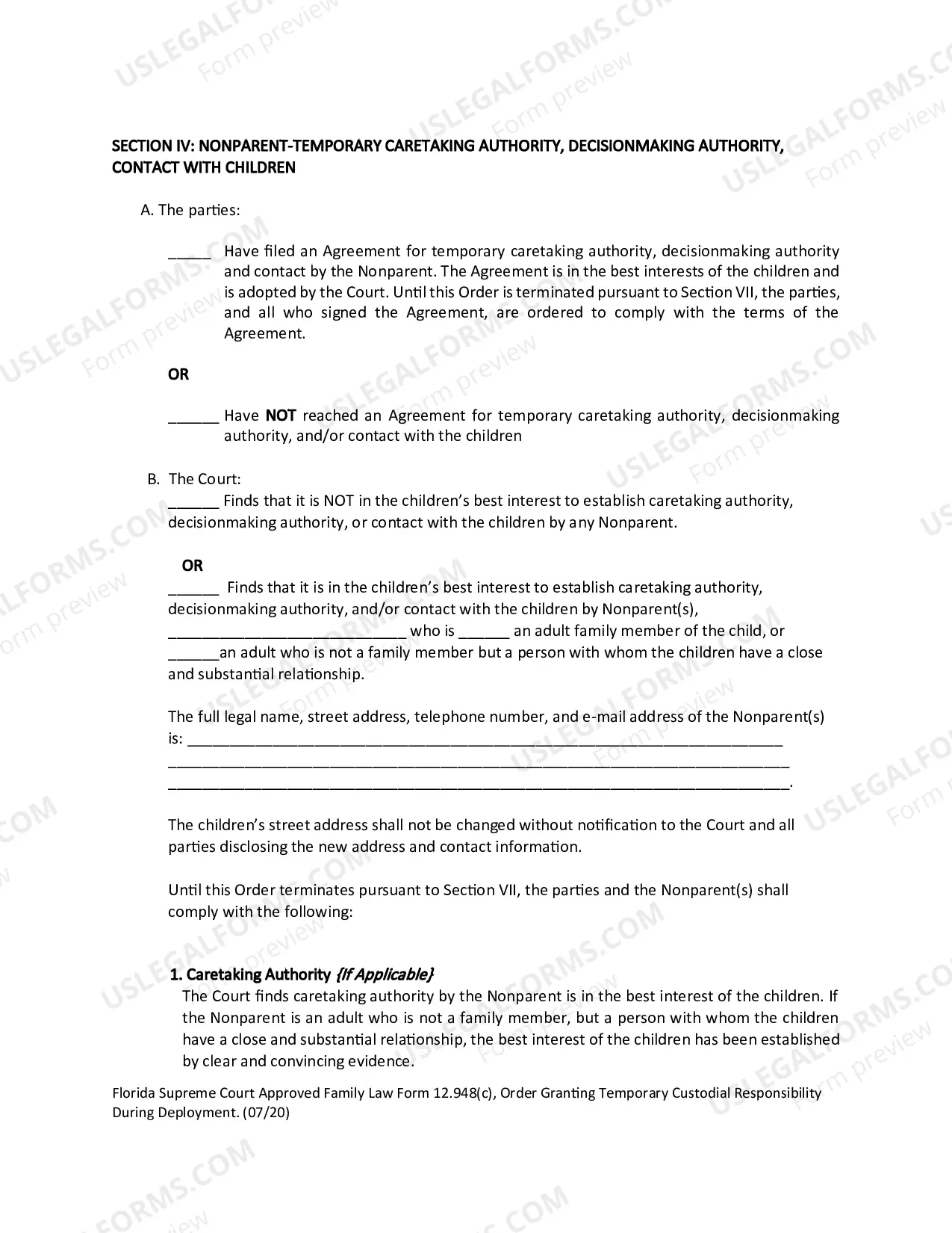Preview Order Granting Temporary Custodial Responsibility During Deployment