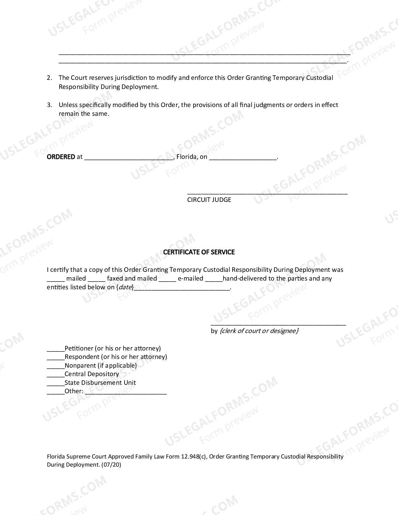 Preview Order Granting Temporary Custodial Responsibility During Deployment