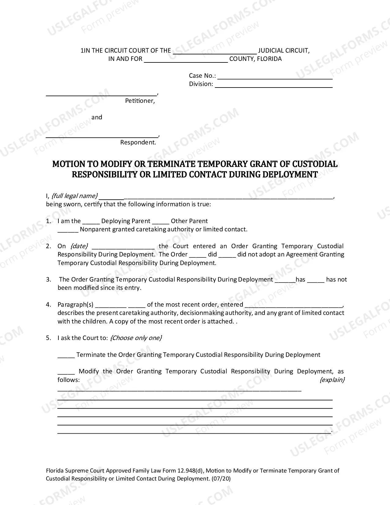 Preview Motion to Modify or Terminate Temporary Grant of Custodial Responsibility or Limited Contact to Nonparent During Deployment
