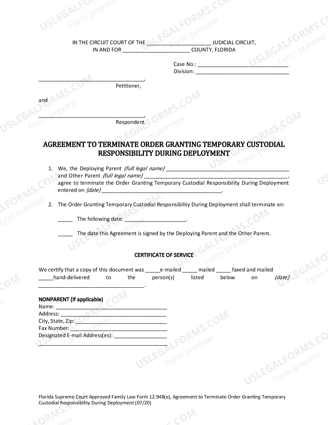Preview Agreement to Terminate Order Granting Temporary Custodial Responsibility During Deployment