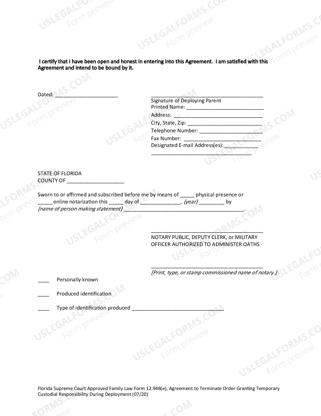 Preview Agreement to Terminate Order Granting Temporary Custodial Responsibility During Deployment