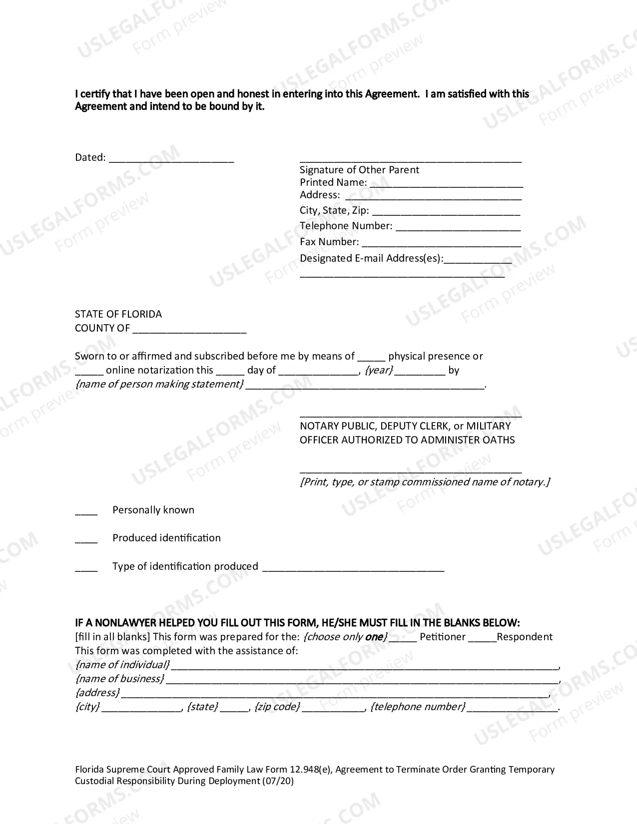 Preview Agreement to Terminate Order Granting Temporary Custodial Responsibility During Deployment