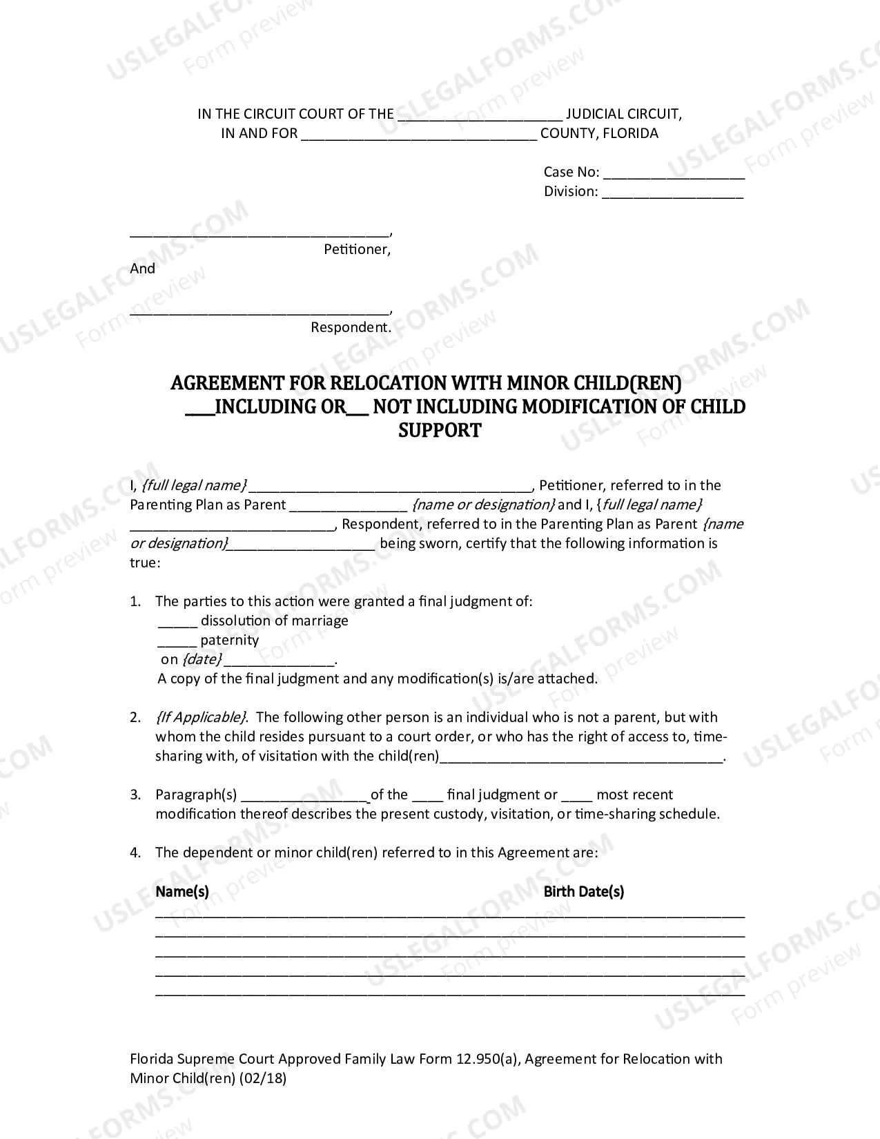 Preview Agreement for Relocation with Minor Child(ren)