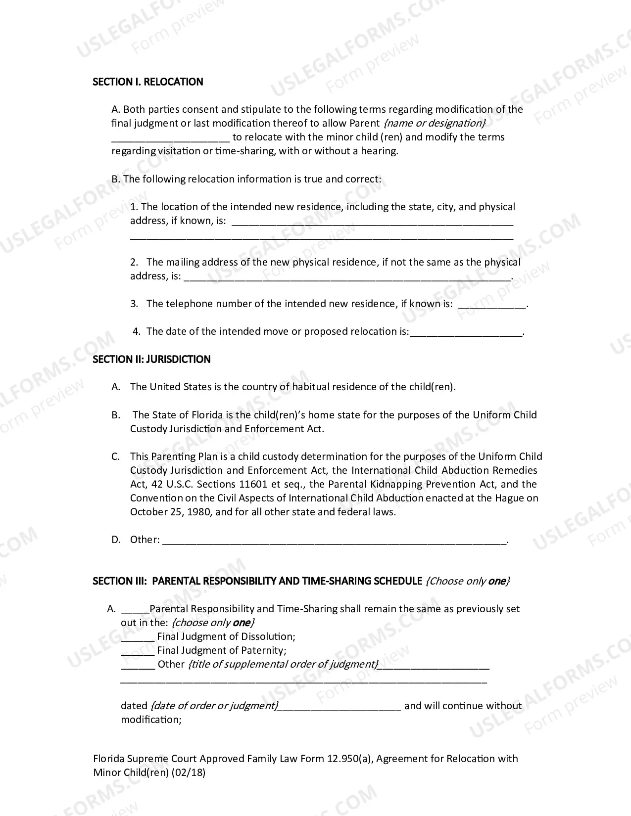 Preview Agreement for Relocation with Minor Child(ren)