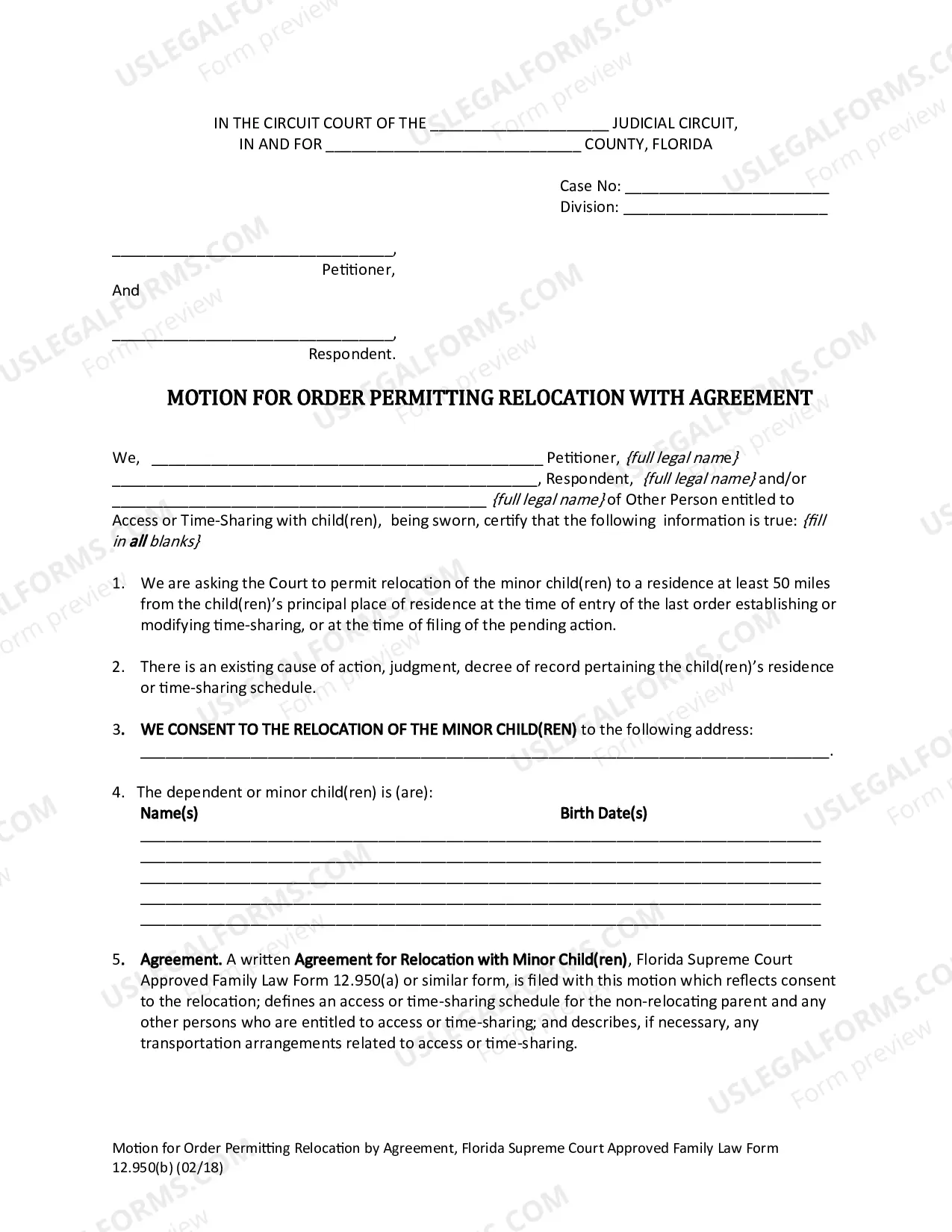 Preview Motion for Order Permitting Relocation by Agreement