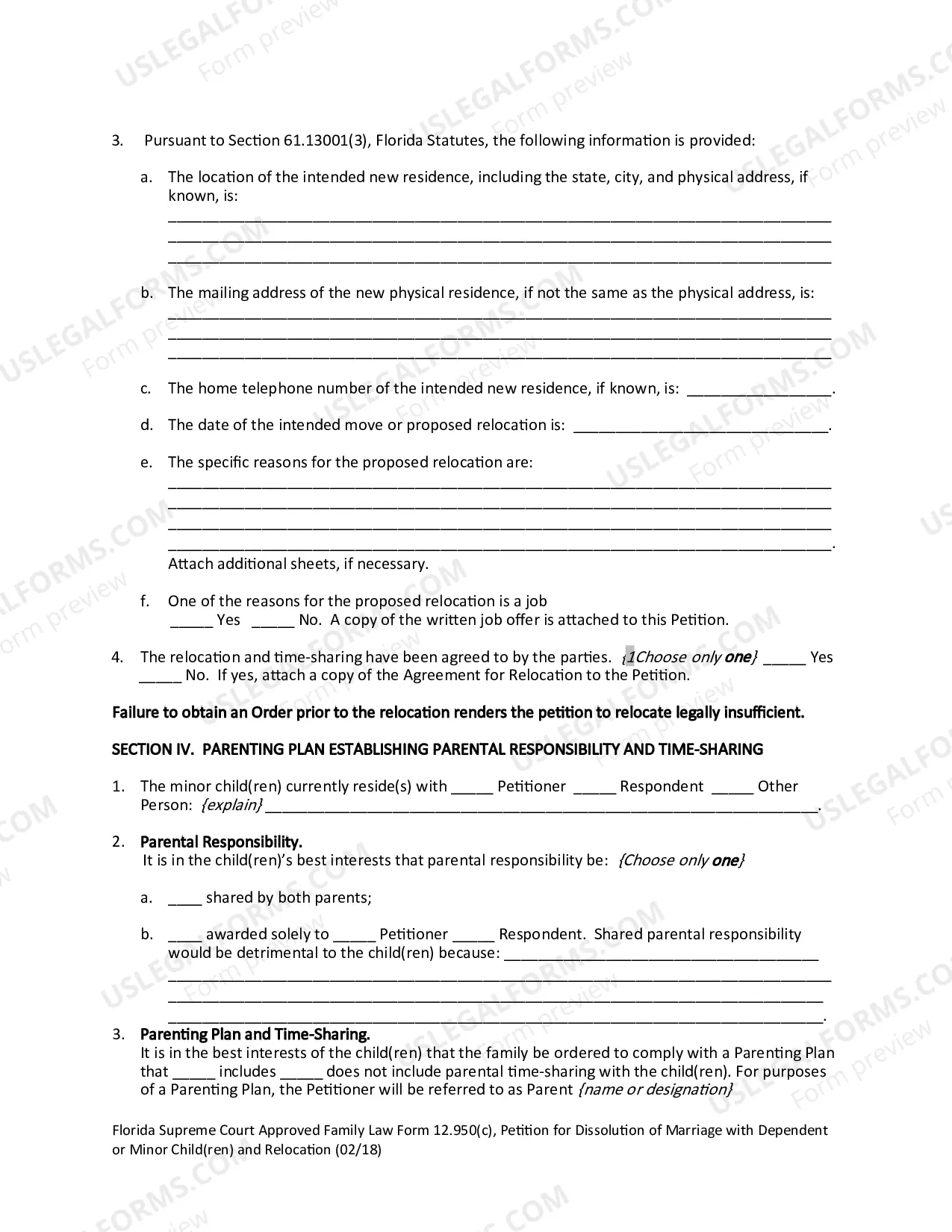 Preview Petition for Dissolution of Marriage with Dependent or Minor Child(ren) and Relocation