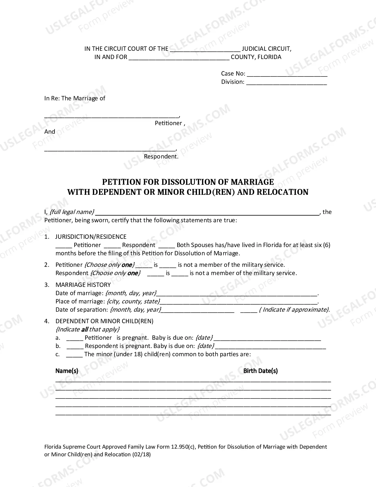 Preview Petition for Dissolution of Marriage with Dependent or Minor Child(ren) and Relocation