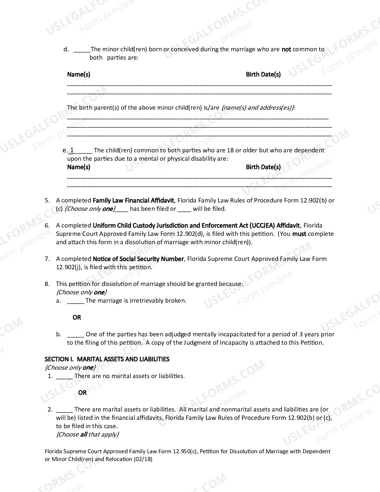 Preview Petition for Dissolution of Marriage with Dependent or Minor Child(ren) and Relocation