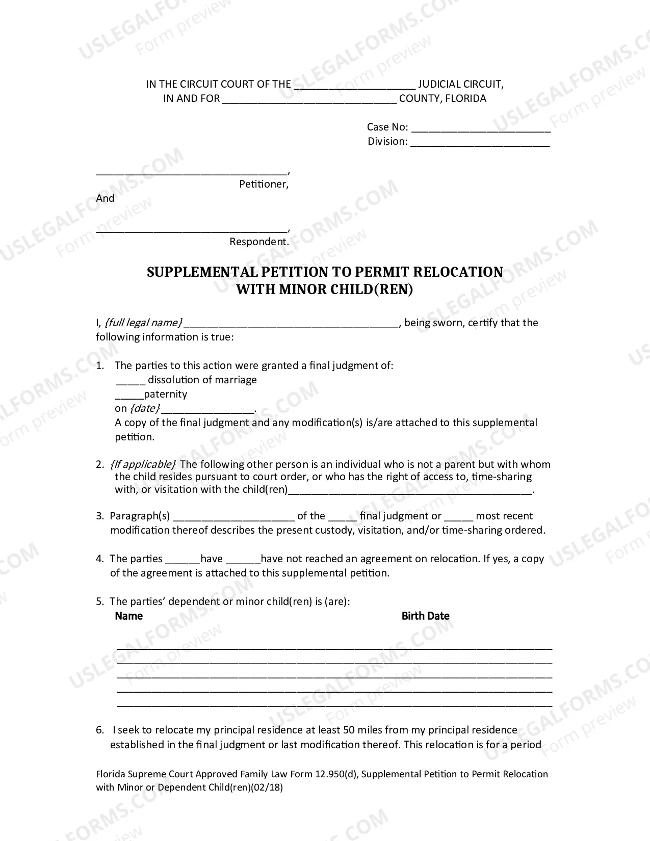 Preview Supplemental Petition to Permit Relocation with Minor Child(ren)