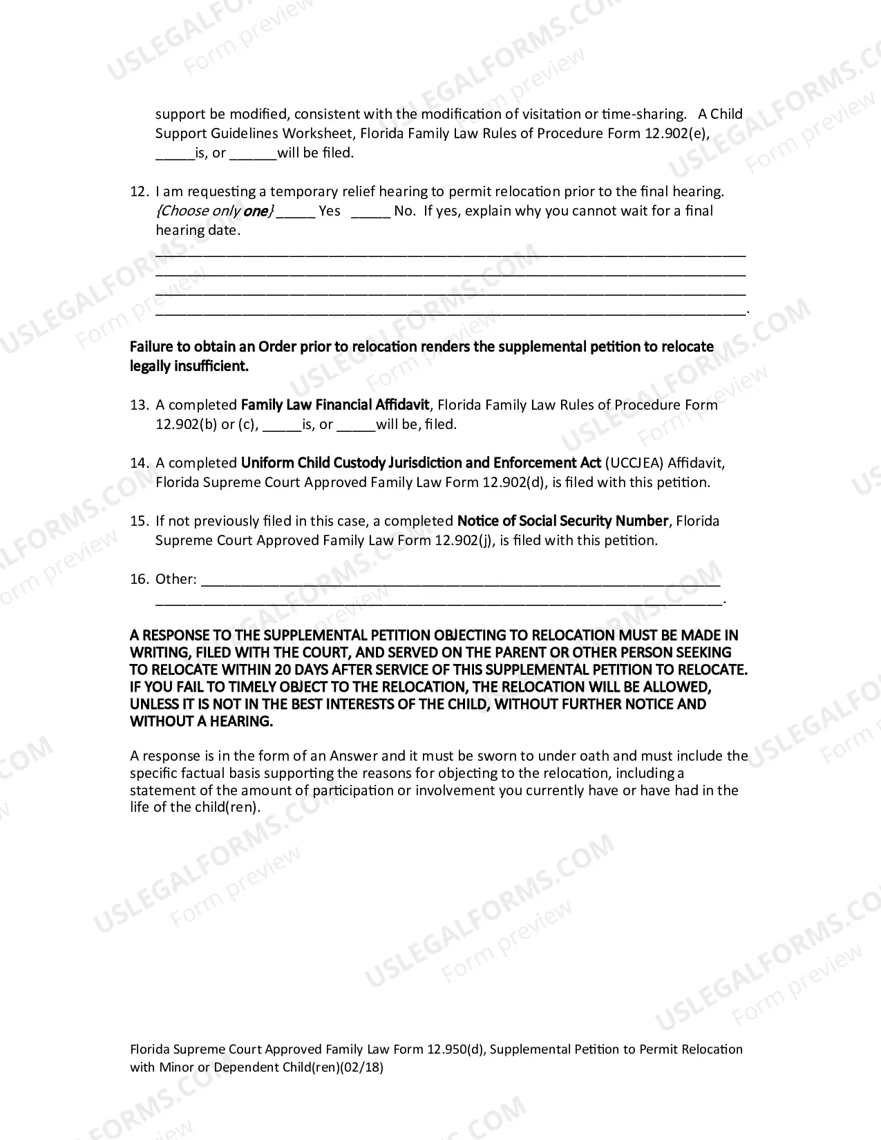 Preview Supplemental Petition to Permit Relocation with Minor Child(ren)