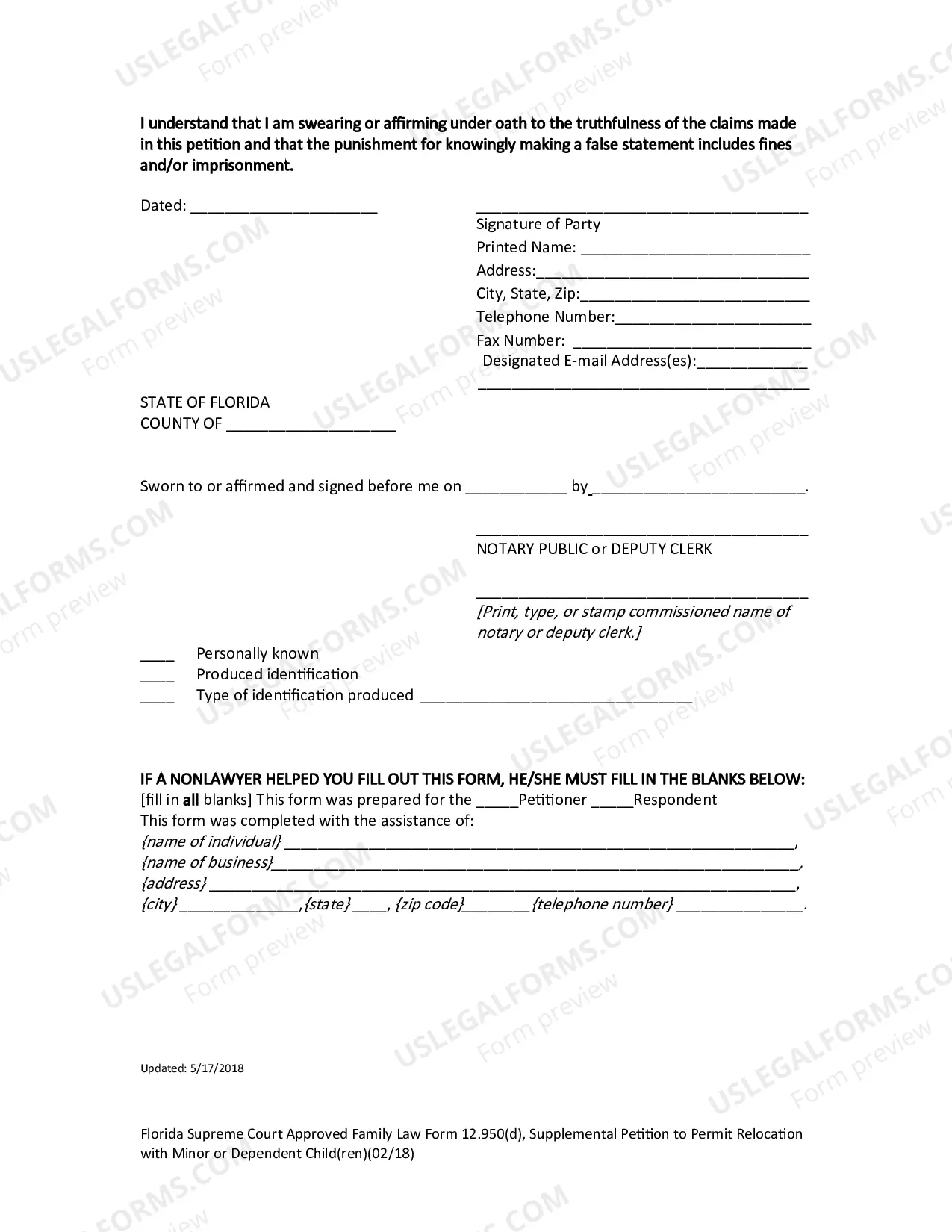 Preview Supplemental Petition to Permit Relocation with Minor Child(ren)
