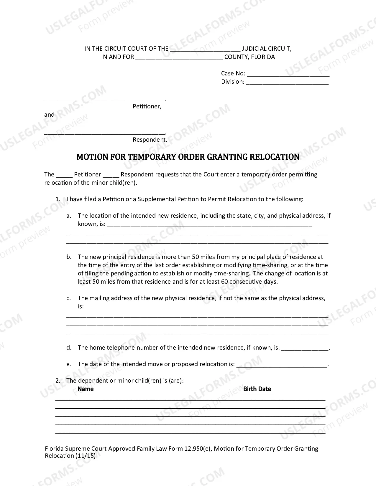 Preview Motion for Temporary Order Granting Relocation