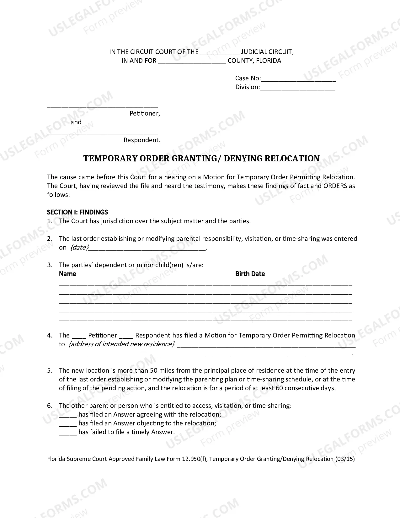 Preview Temporary Order Granting/Denying Relocation