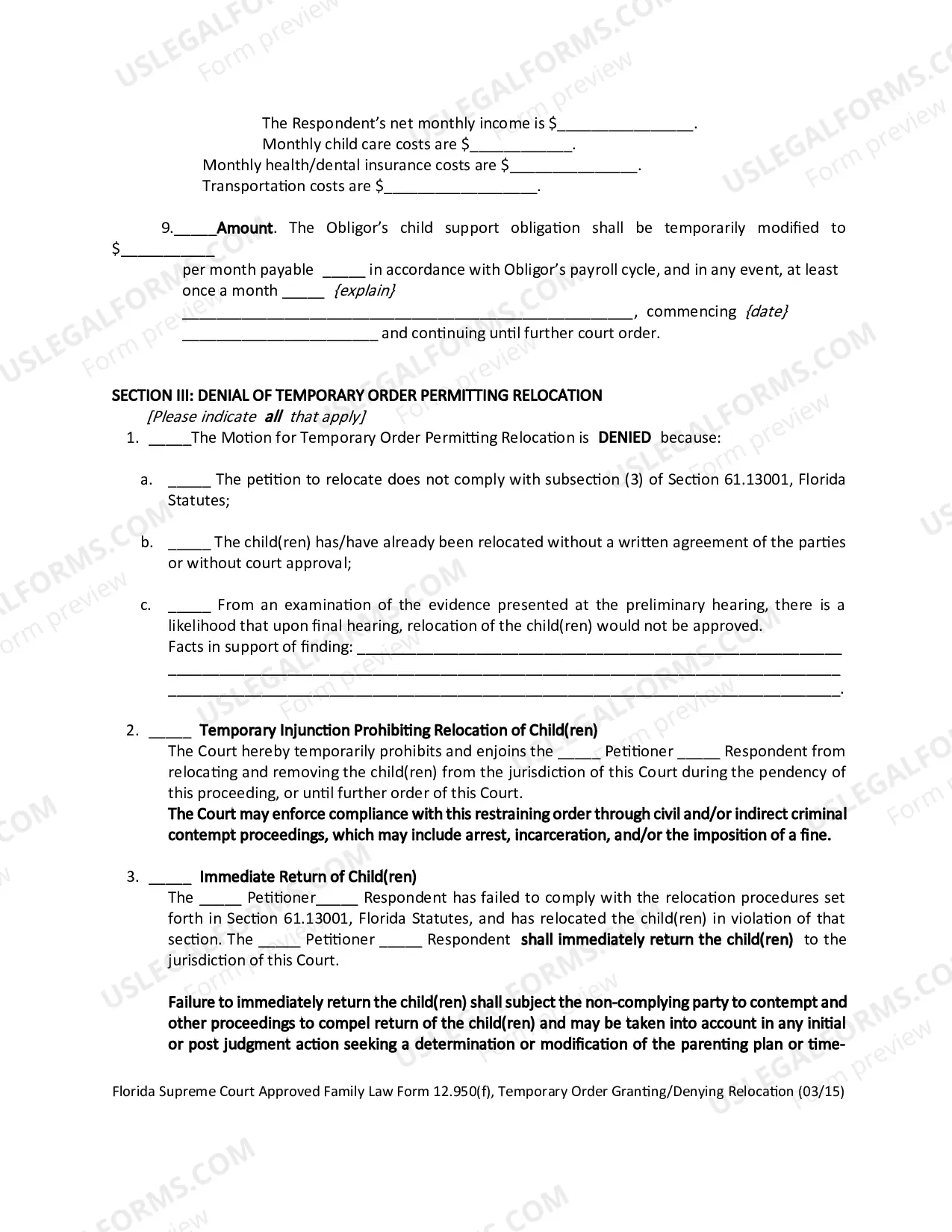 Preview Temporary Order Granting/Denying Relocation
