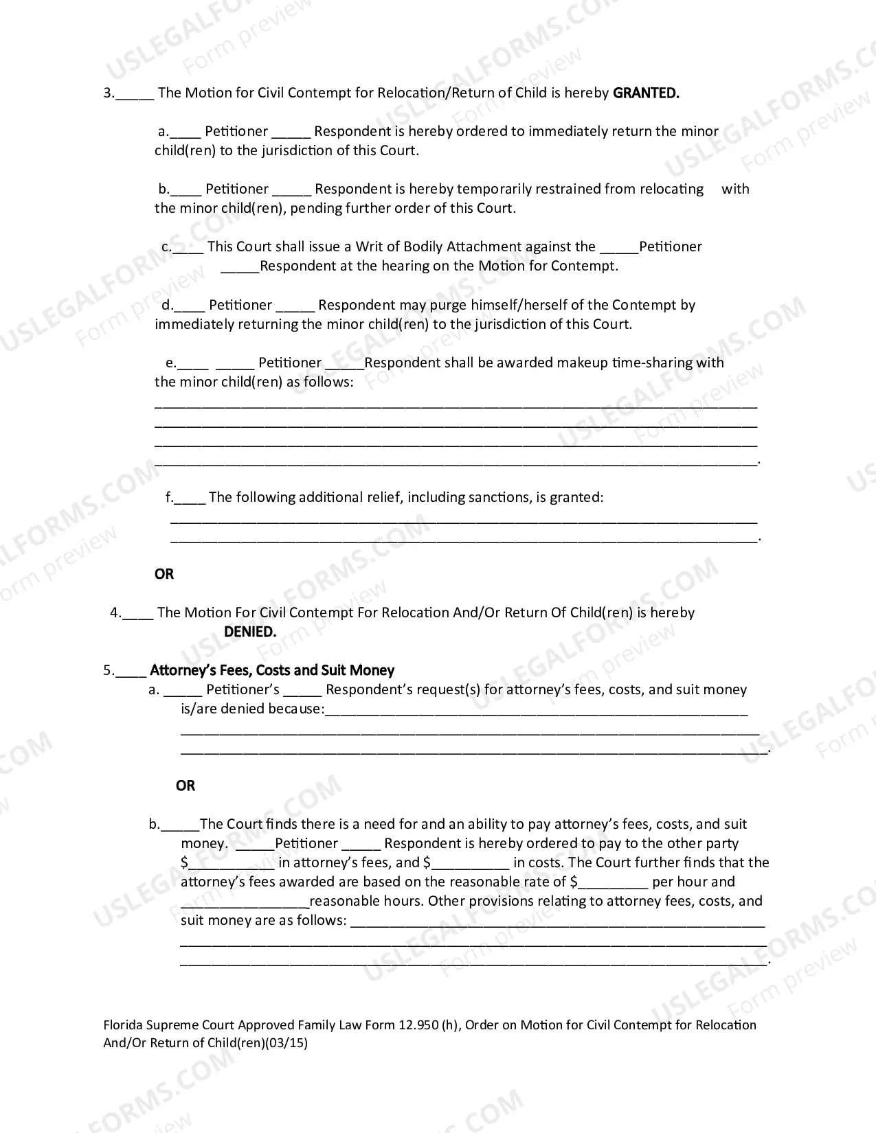 Preview Order on Motion for Civil Contempt for Relocation and/or Return of Child(ren)