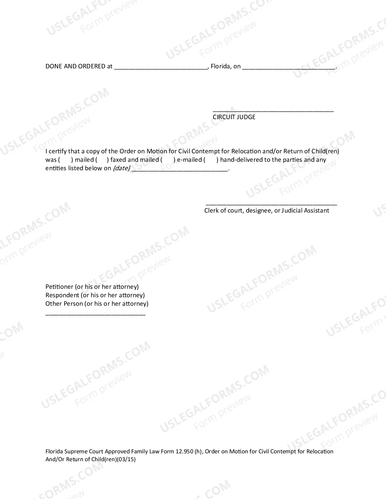Preview Order on Motion for Civil Contempt for Relocation and/or Return of Child(ren)