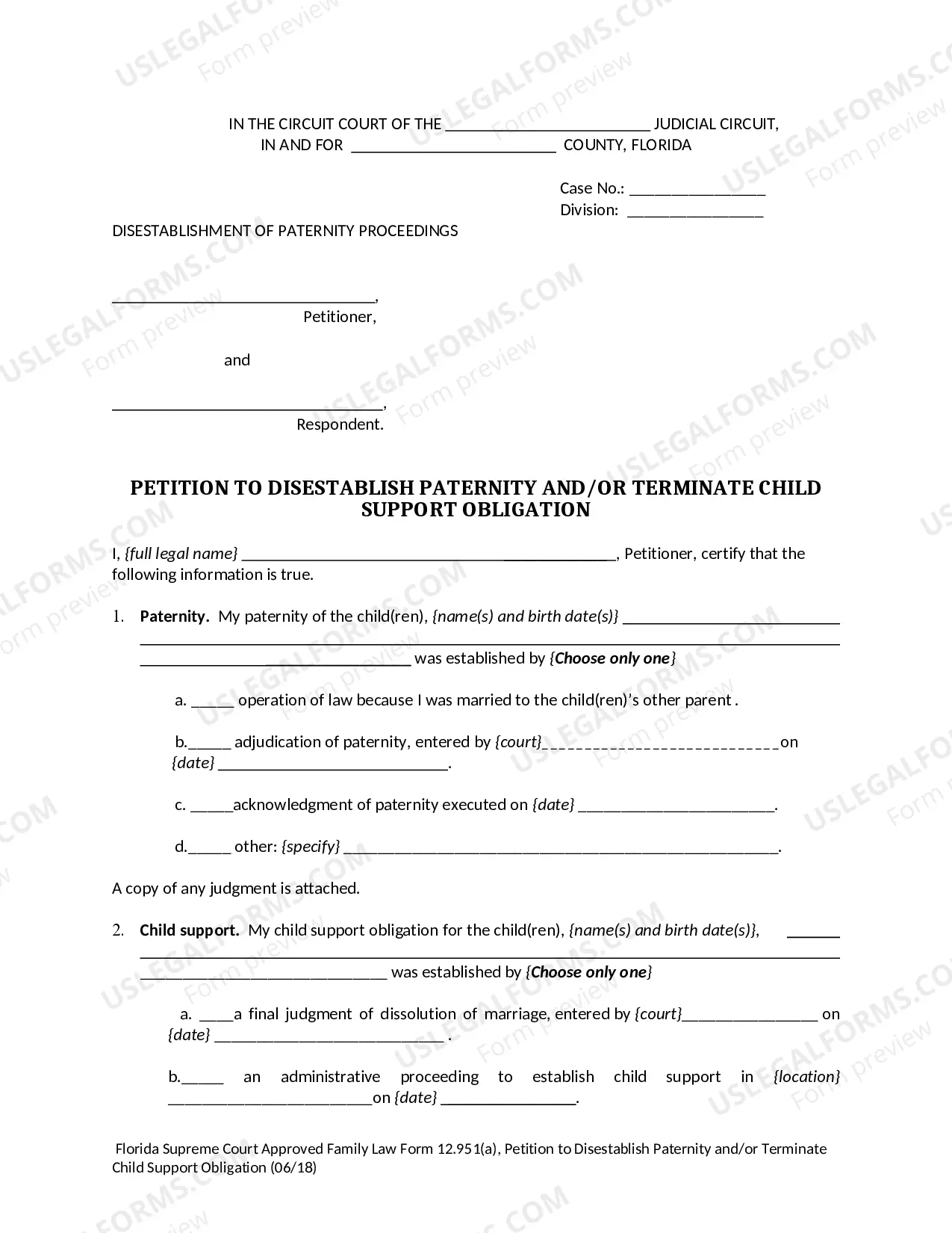 Preview Petition to Disestablish Paternity and/or Terminate Child Support Obligation