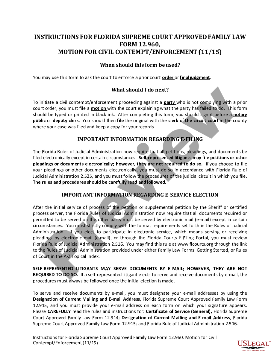 Florida Motion for Civil Contempt Enforcement Motion Civil Court
