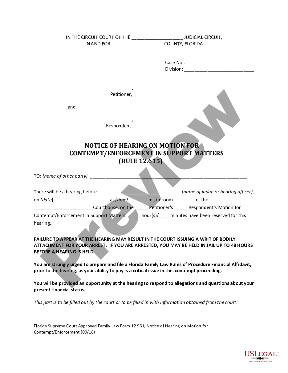 Broward Florida Notice of Hearing on Motion for Contempt Enforcement