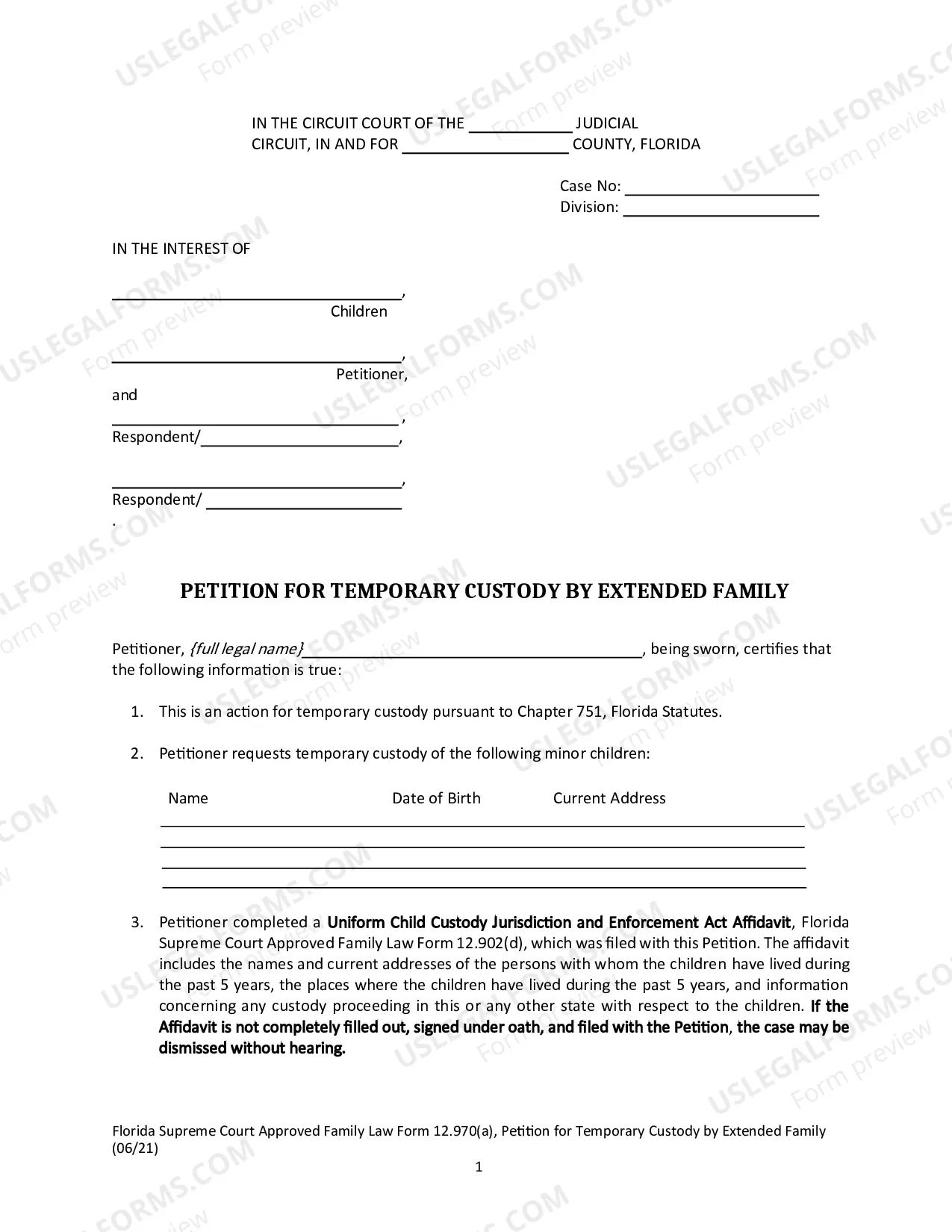 Preview Petition for Temporary Custody by Extended Family