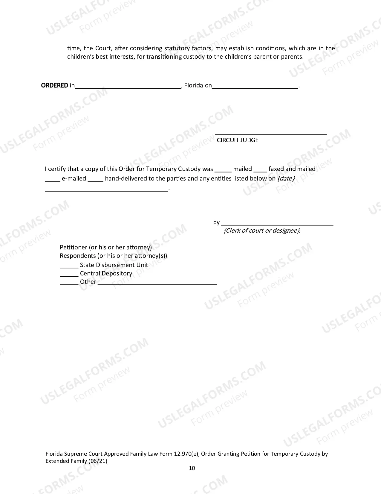 Preview Order Granting Petition for Temporary Custody by Extended Family