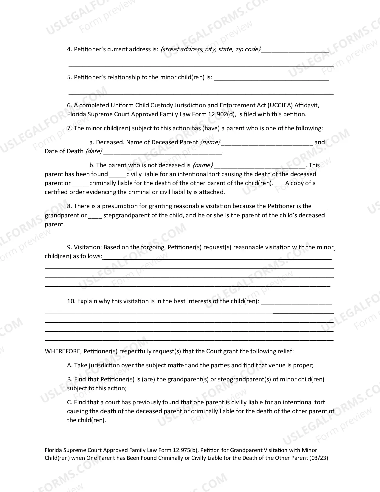 Preview Petition for Grandparent Visitation with Minor Child(ren) when One Parent Has Been Found Criminally or Civilly Liable for the Death of the Other Parent