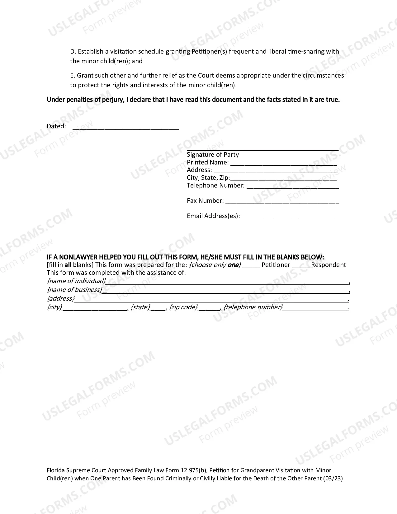 Preview Petition for Grandparent Visitation with Minor Child(ren) when One Parent Has Been Found Criminally or Civilly Liable for the Death of the Other Parent