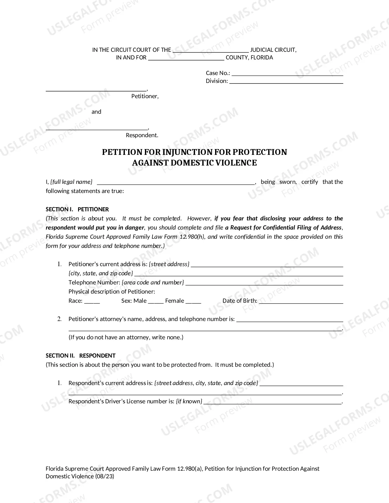 Preview Petition for Injunction for Protection Against Domestic Violence