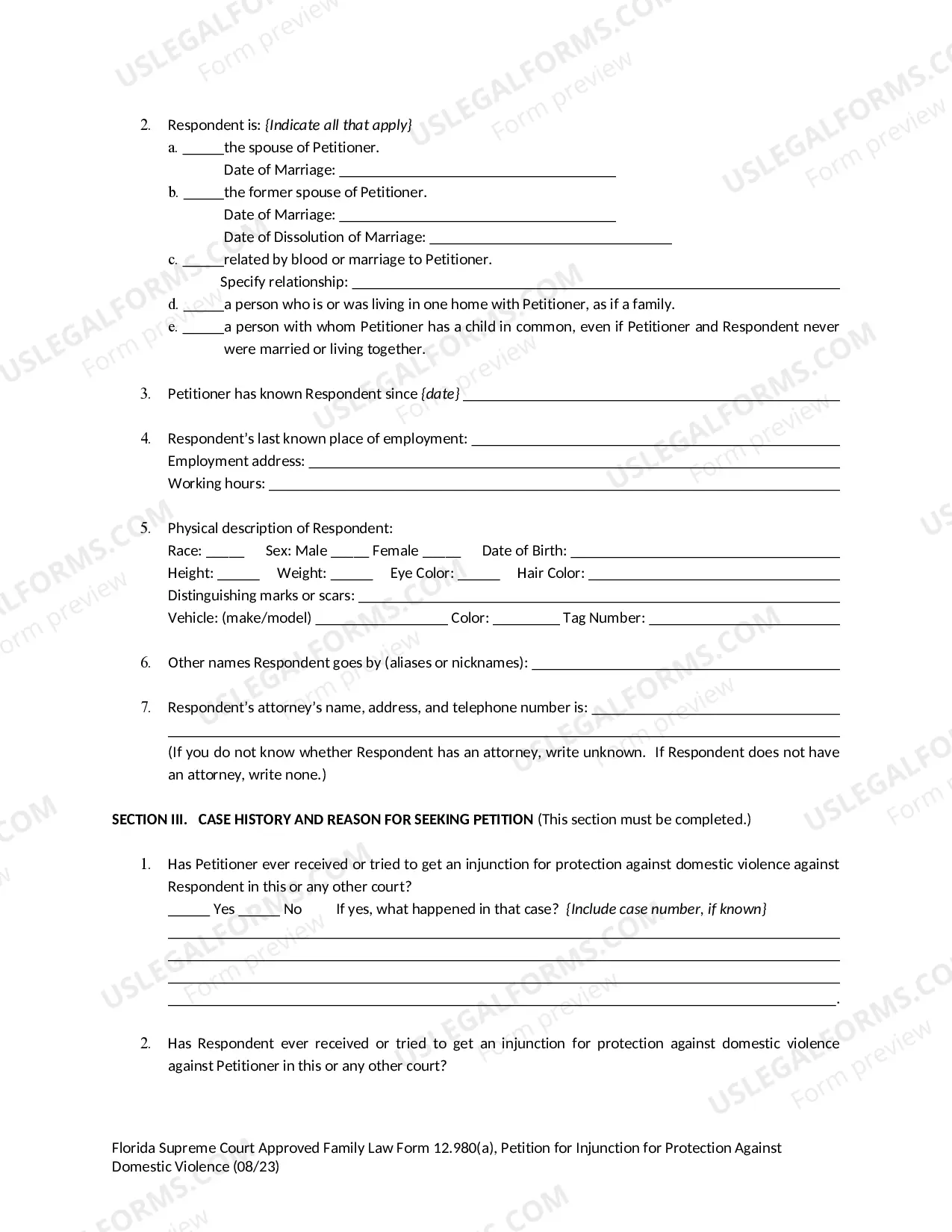 Preview Petition for Injunction for Protection Against Domestic Violence