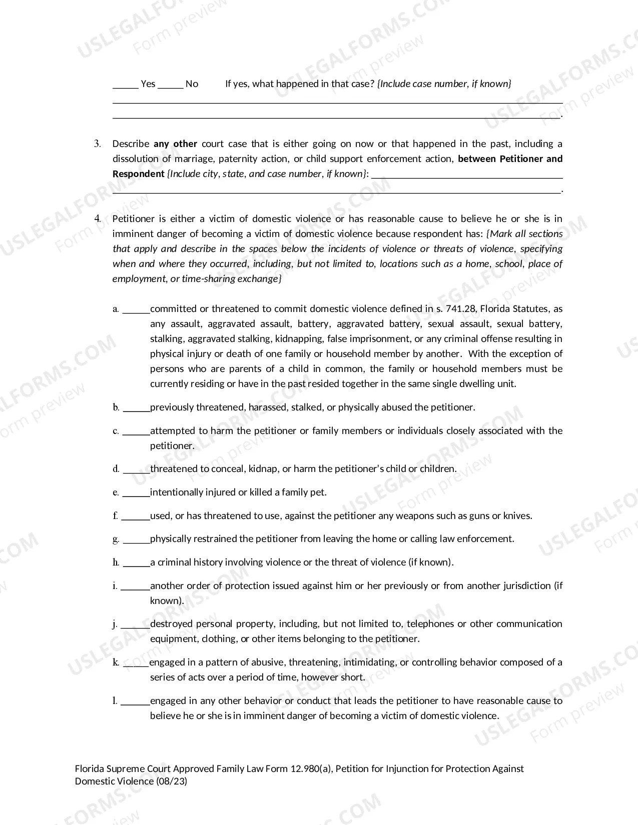 Preview Petition for Injunction for Protection Against Domestic Violence