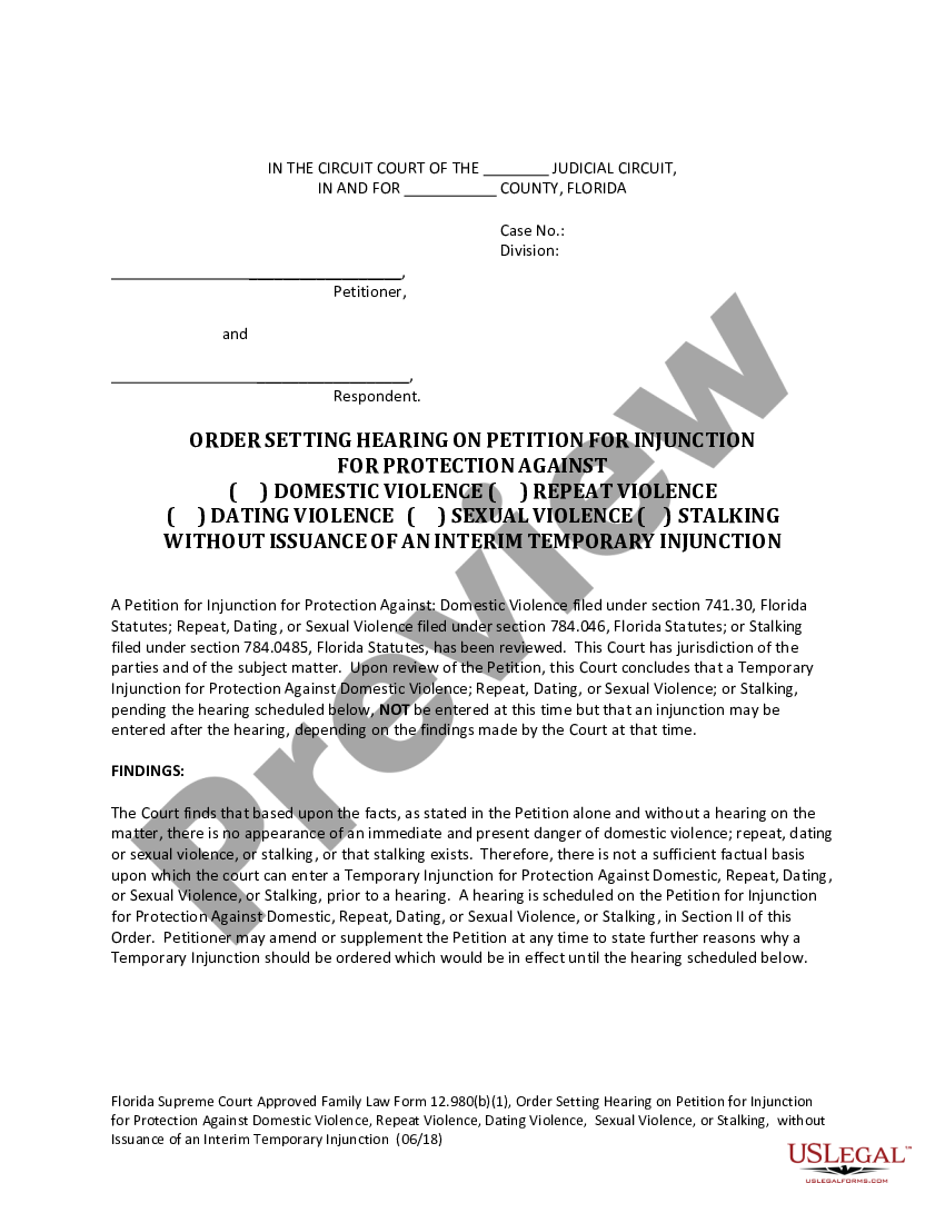 Orlando Florida Order Setting Hearing on Petition for Injunction for