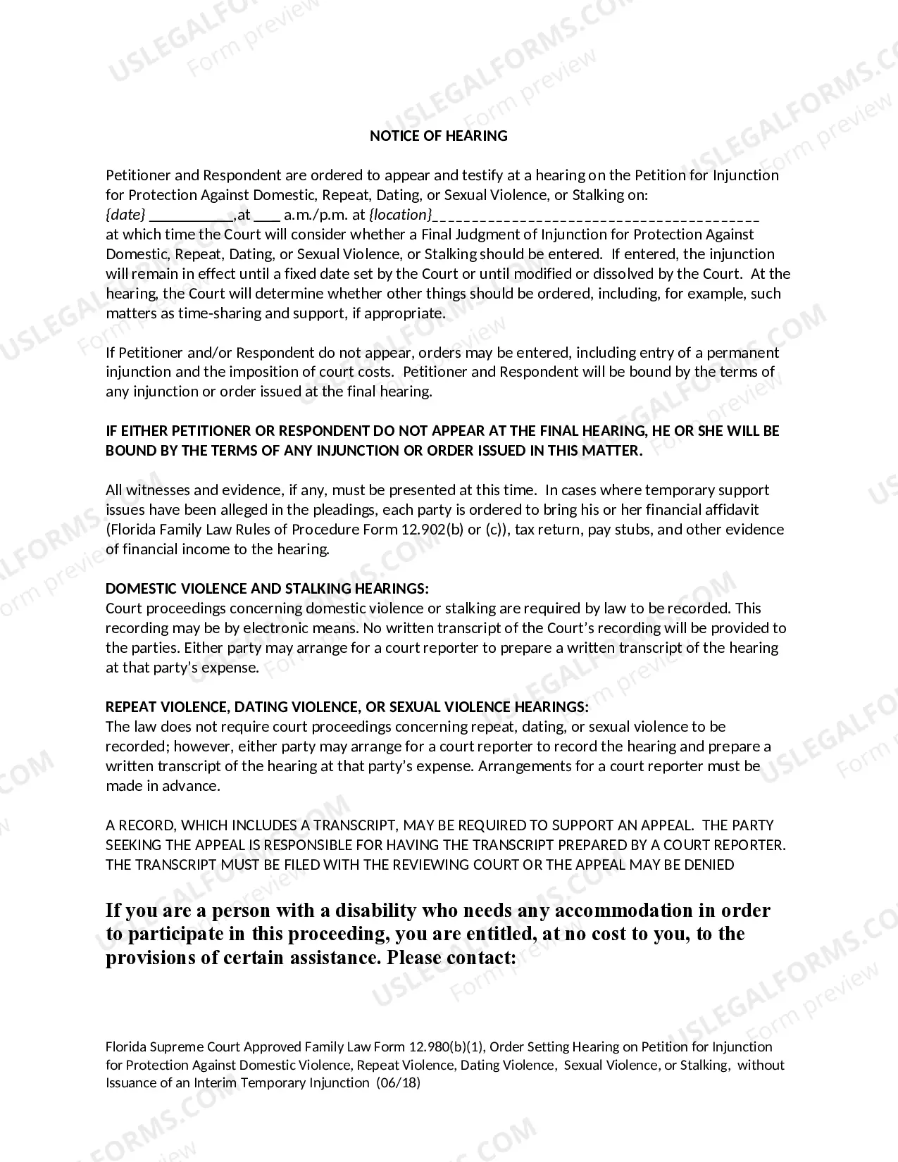 Preview Order Setting Hearing on Petition for Injunction for Protection Against Domestic, Repeat, Dating or Sexual Violence Without Issuance of Interim Temporary Injunction