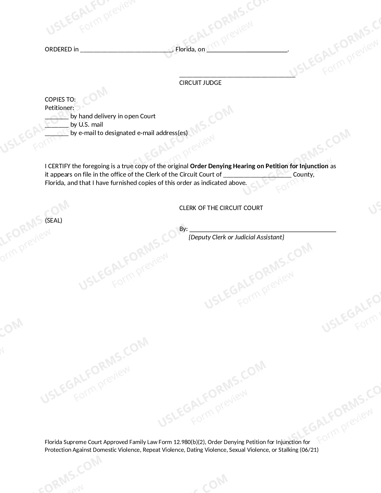 Preview Order Denying Petition for Injunction for Protection Against Domestic Violence, Repeat Violence, Dating Violence or Sexual Violence