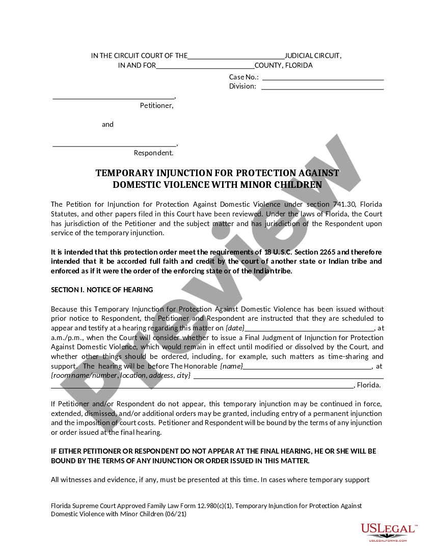 Florida Temporary Injunction for Protection Against Domestic Violence