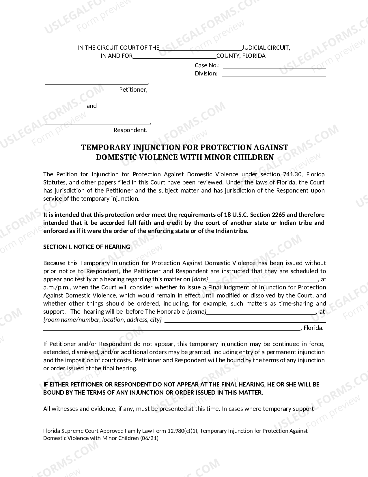 Florida Temporary Injunction for Protection Against Domestic Violence ...