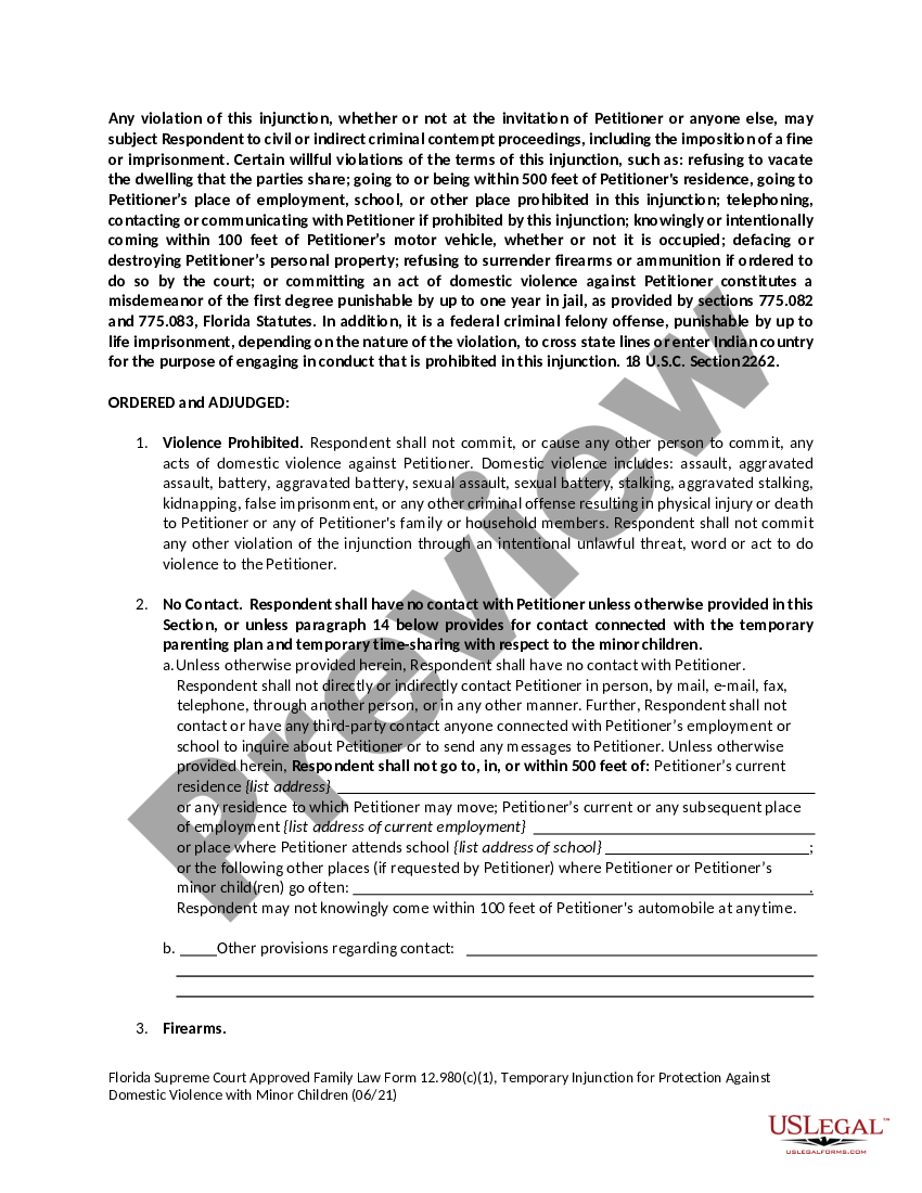 Florida Temporary Injunction for Protection Against Domestic Violence